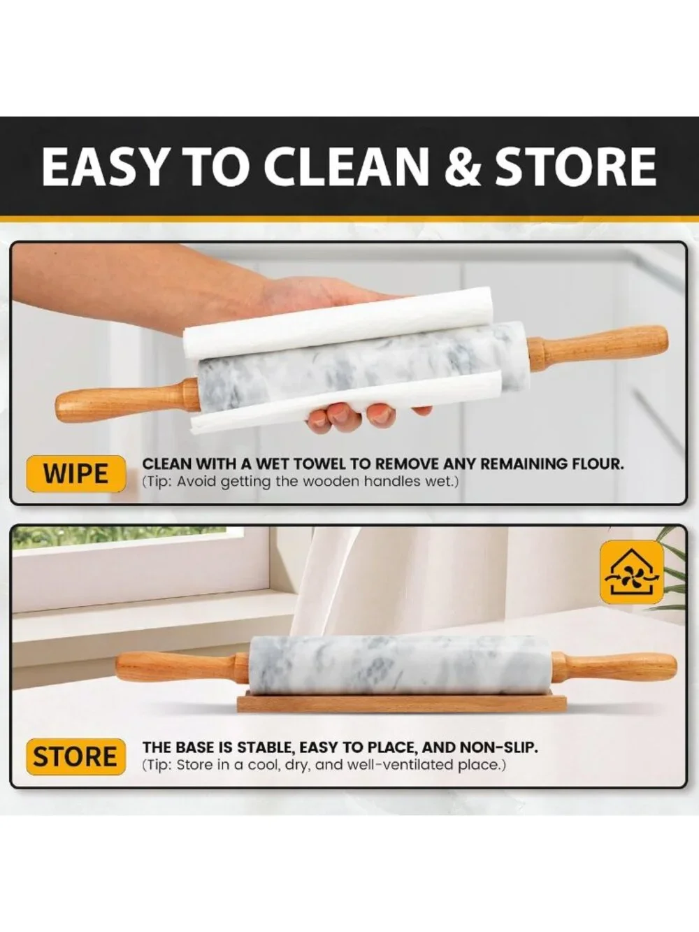 16.7” Marble Rolling Pin with Wooden Handles & Cradle - Perfect for Pizza